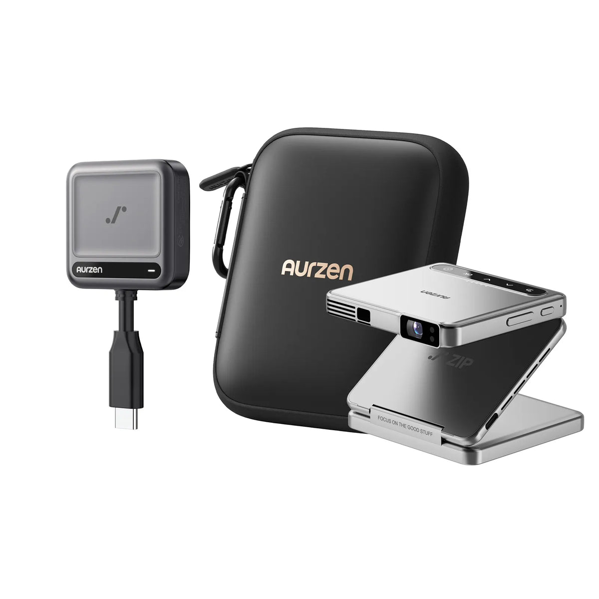 Black portable mini projector with zippered carry case and small connector box