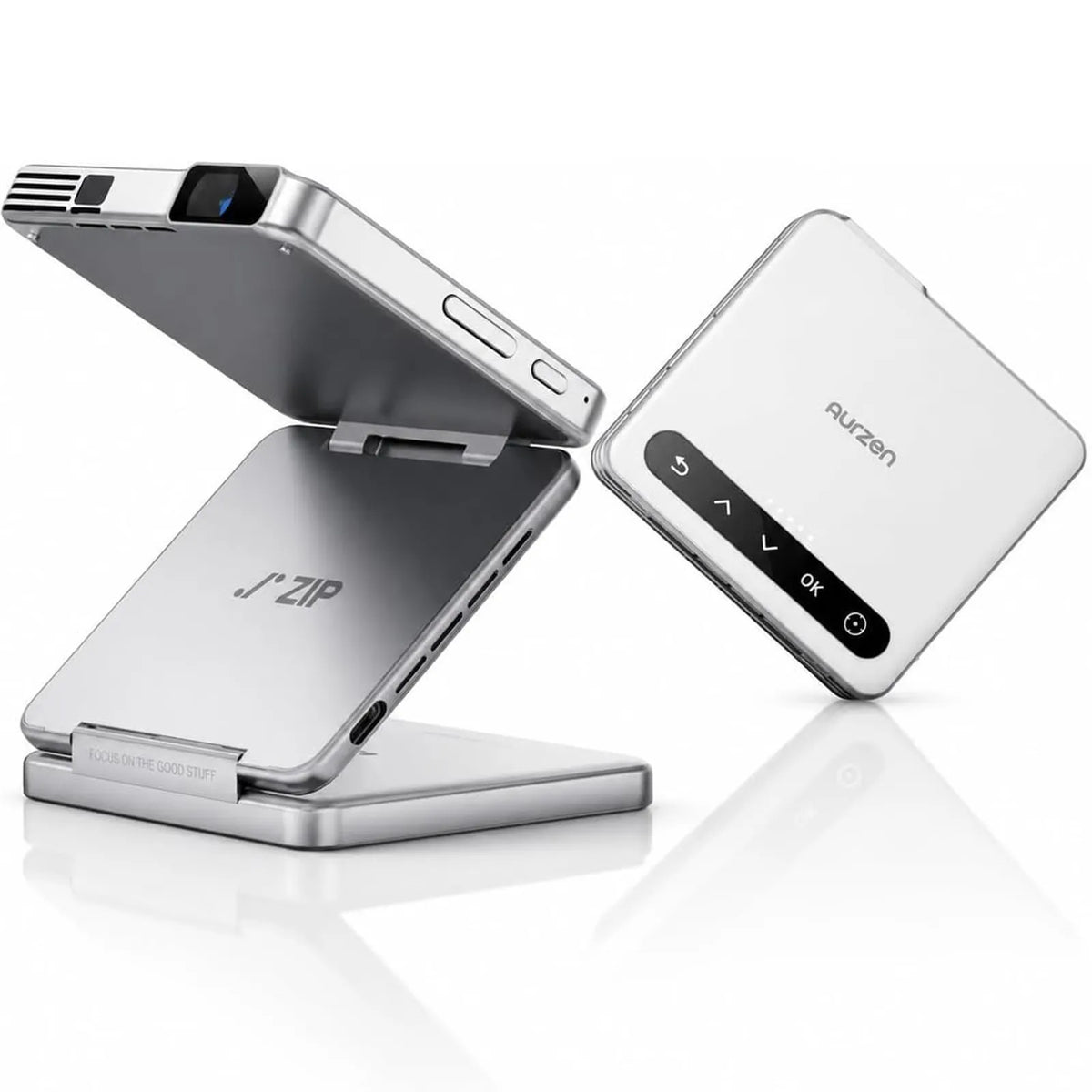 White portable mini projector with foldable tri-fold stand and control buttons