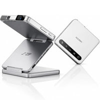 White portable mini projector with foldable tri-fold stand and control buttons