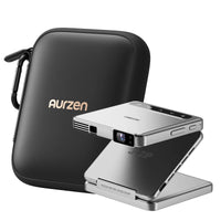 Black portable mini projector with front lens on stand and large carry case