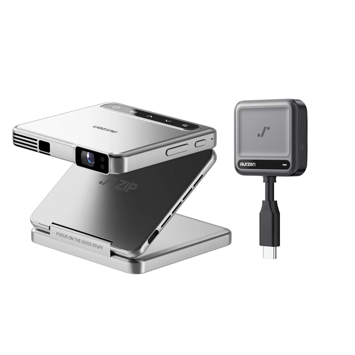 White portable mini projector on stand with small cube connector and cable