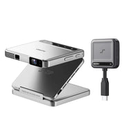 White portable mini projector on stand with small cube connector and cable