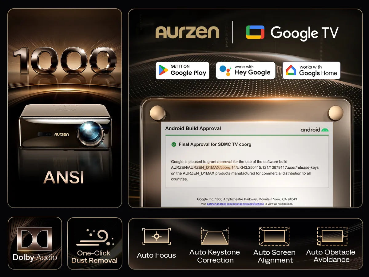 Aurzen EAZZE D1 MAX Google TV projector with 1000 ANSI lumens brightness and native 1080p resolution