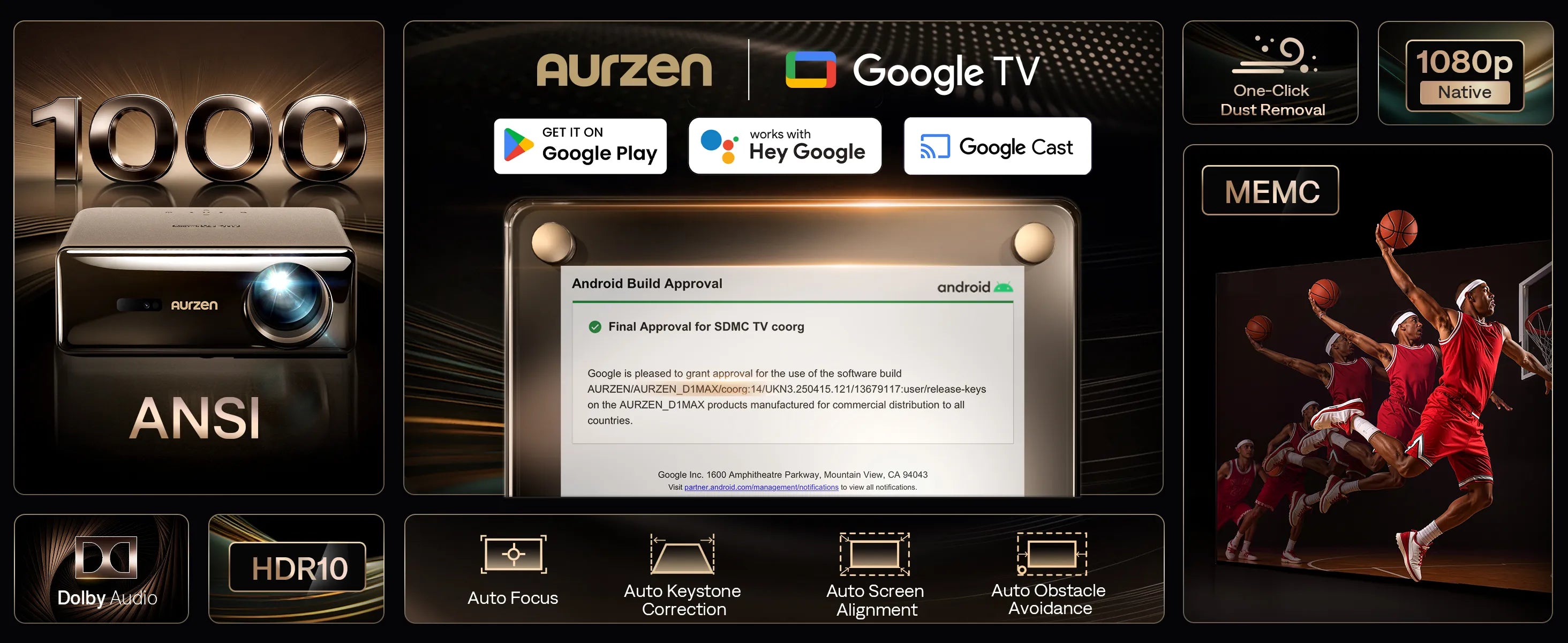 Aurzen EAZZE D1 MAX Google TV projector with 1000 ANSI lumens brightness and native 1080p resolution