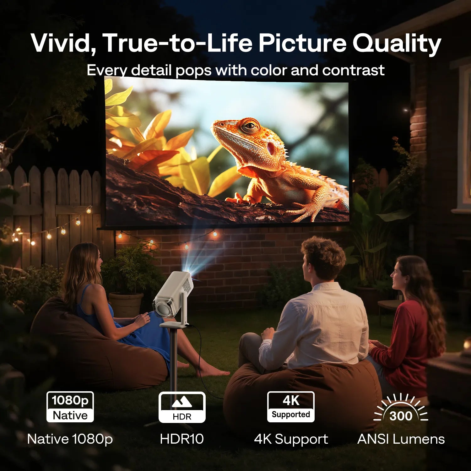 Outdoor projection with Aurzen BOOM Air in HDR10, 1080p, and 4K input supported