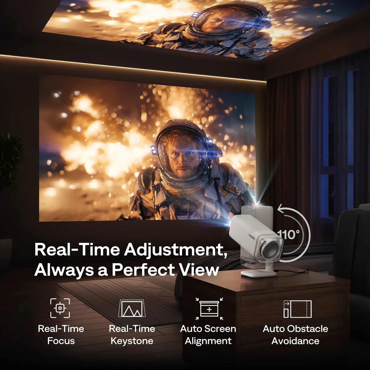 Aurzen BOOM Air projector with real-time focus and 110-degree adjustable stand