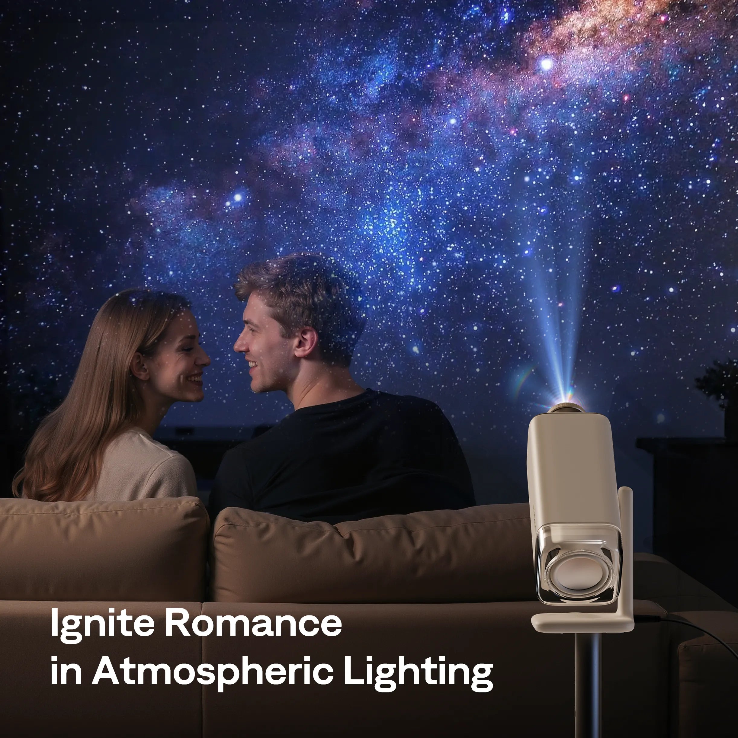 Aurzen BOOM Air projector creates a romantic starry-sky atmosphere for couples at home