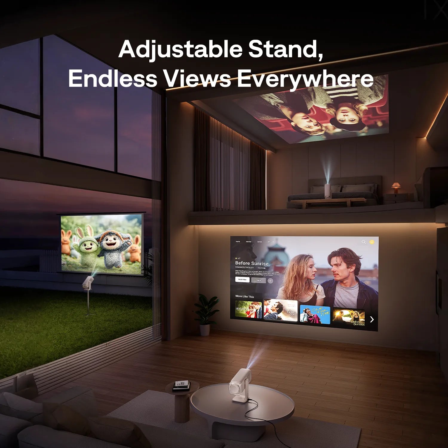 Multi-scene usage of Aurzen BOOM Air projector in bedroom, living room, and backyard