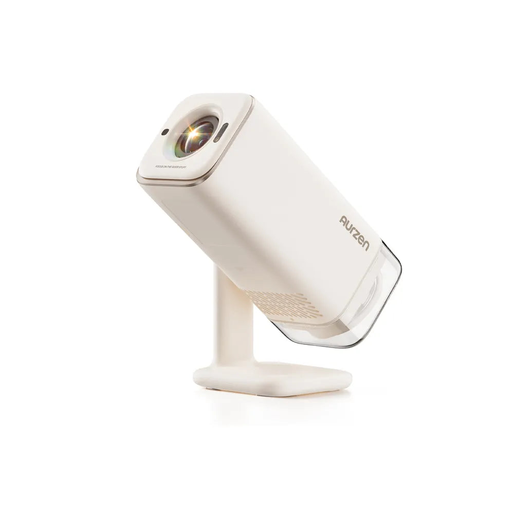 Rear view of Aurzen BOOM Air compact portable projector showing speaker design