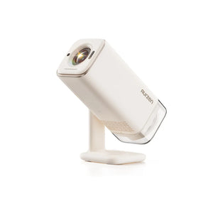 White compact smart projector on a stand, front lens facing up and left.