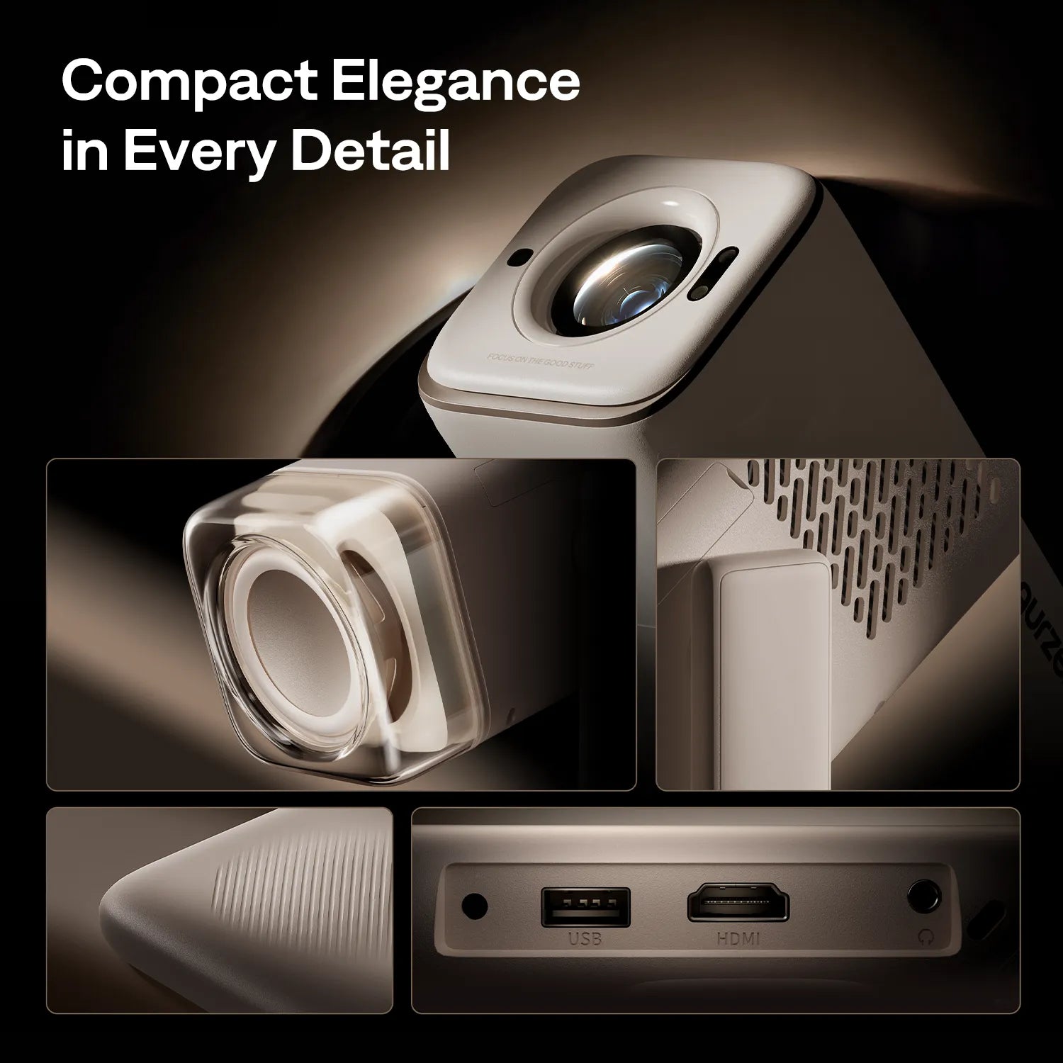 Close-up shots of Aurzen BOOM Air Smart Projector showcasing compact and refined design details