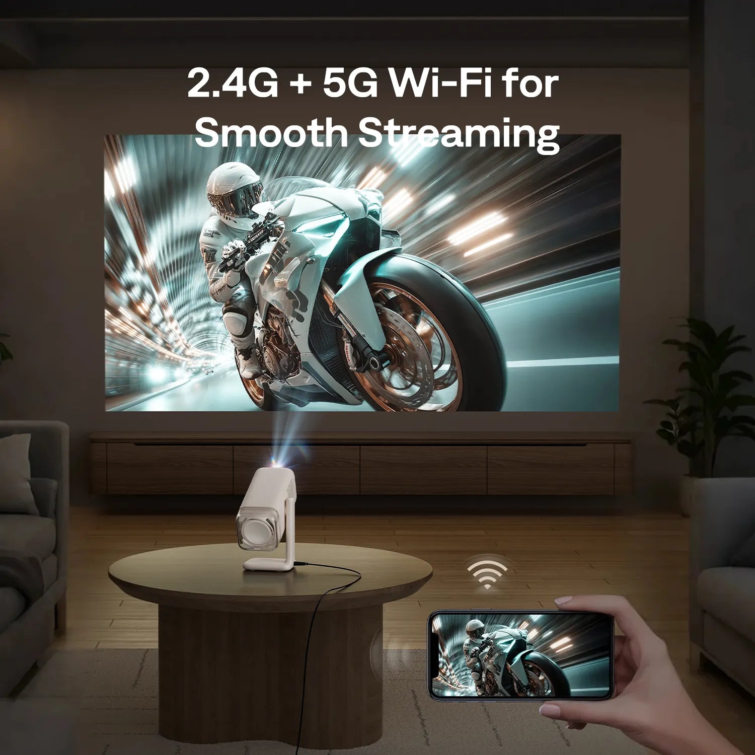 BOOM Air projector streaming video from smartphone via dual-band 2.4G and 5G Wi-Fi