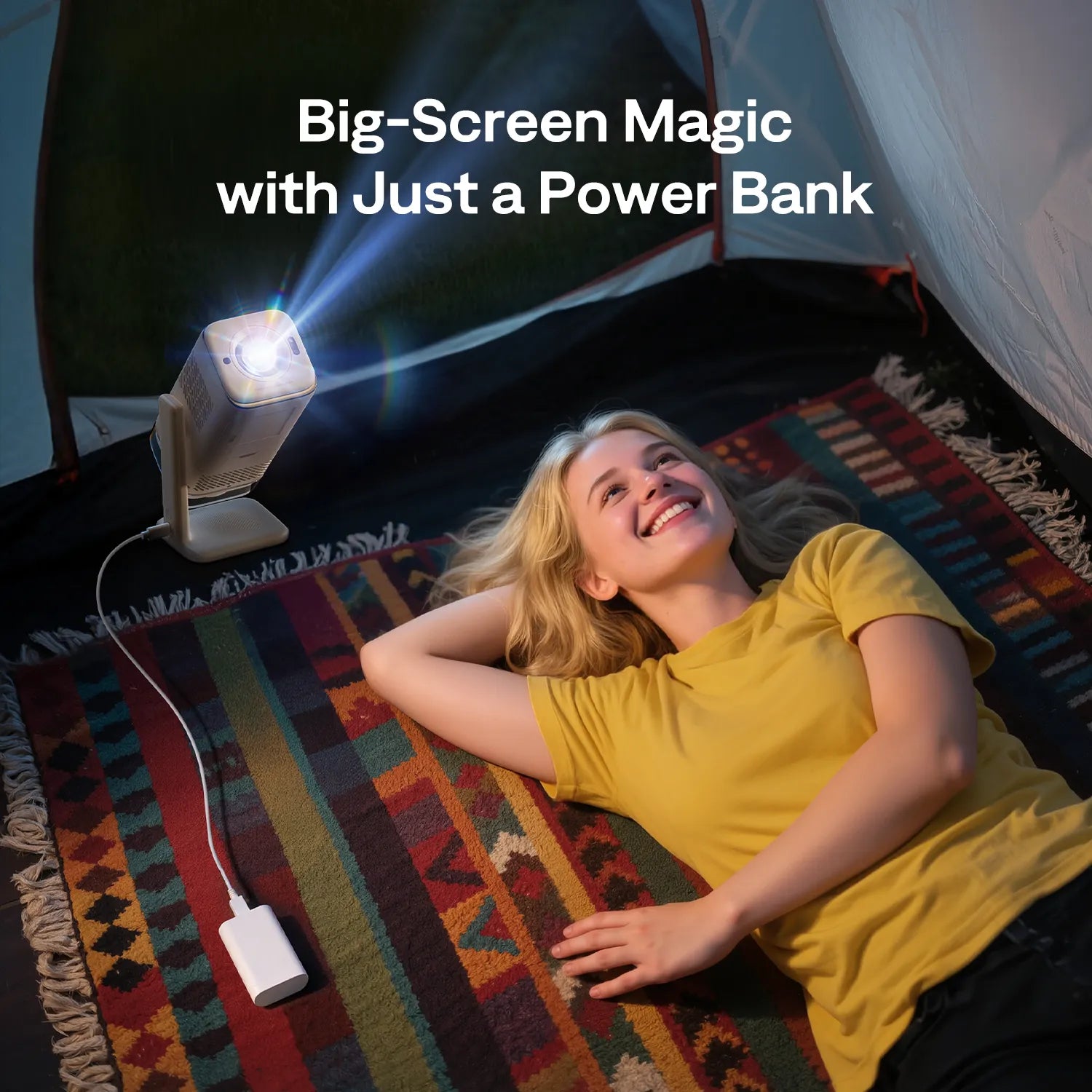 Portable use of Aurzen BOOM Air with power bank for outdoor movie night