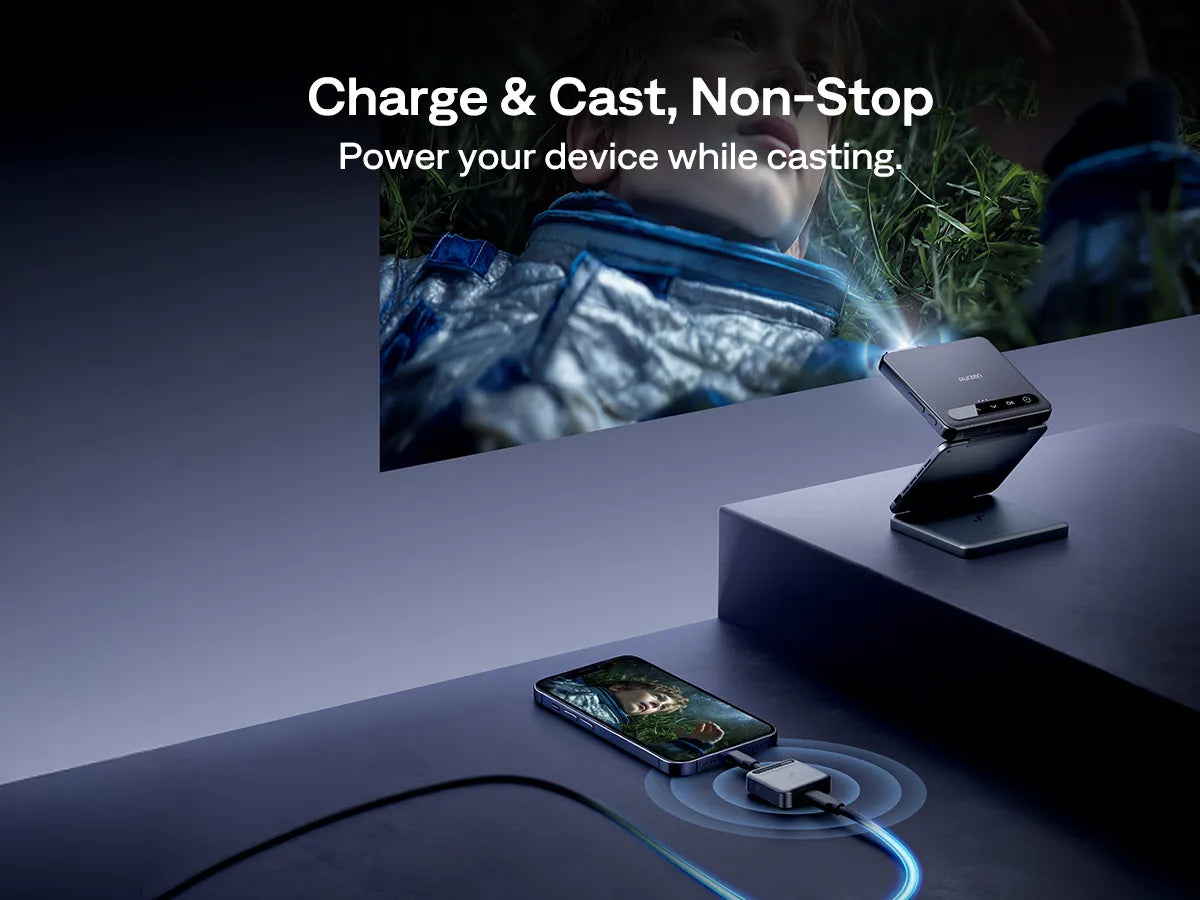 Charge while casting—CastPlay Pro supports pass-through power for non-stop streaming to the Aurzen ZIP projector