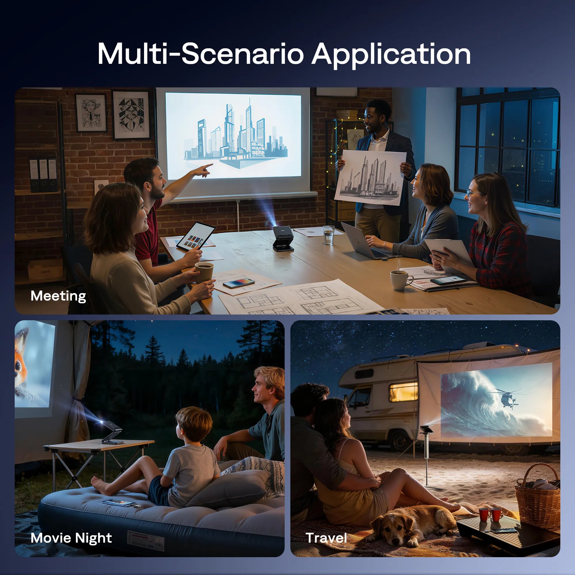 CastPlay Pro with Aurzen ZIP projector for meetings, movie nights, and travel projection