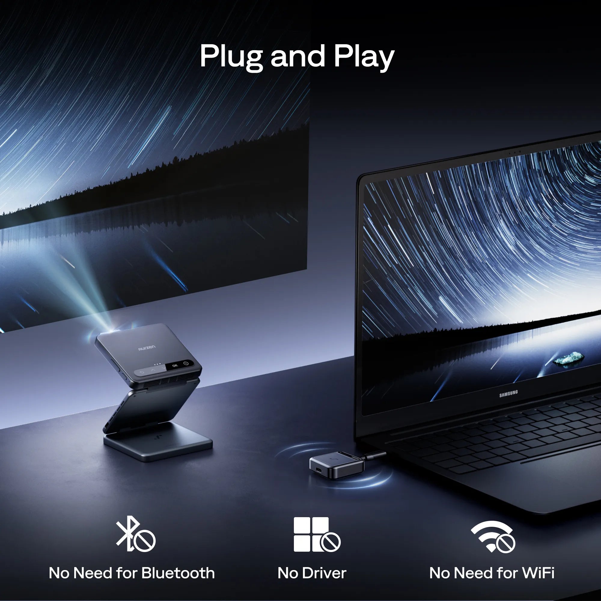 Plug and play USB-C casting for ZIP projector—no Wi-Fi, no Bluetooth, no driver needed