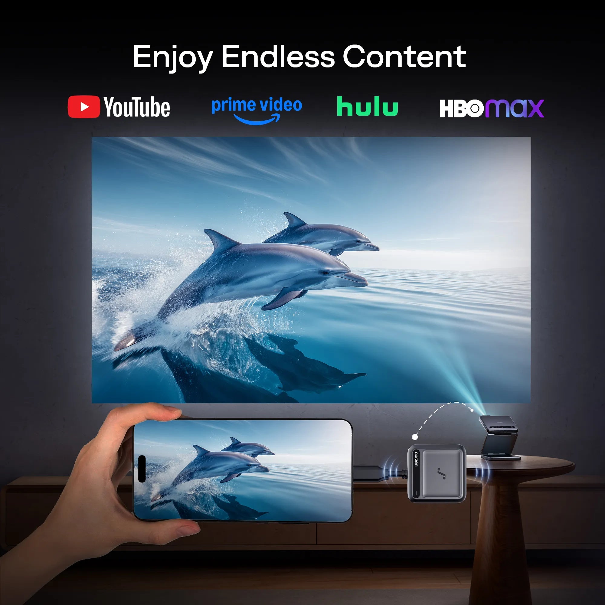 CastPlay Pro lets you watch protected streaming content (YouTube, Prime Video, Hulu, HBO Max) on the Aurzen ZIP projector