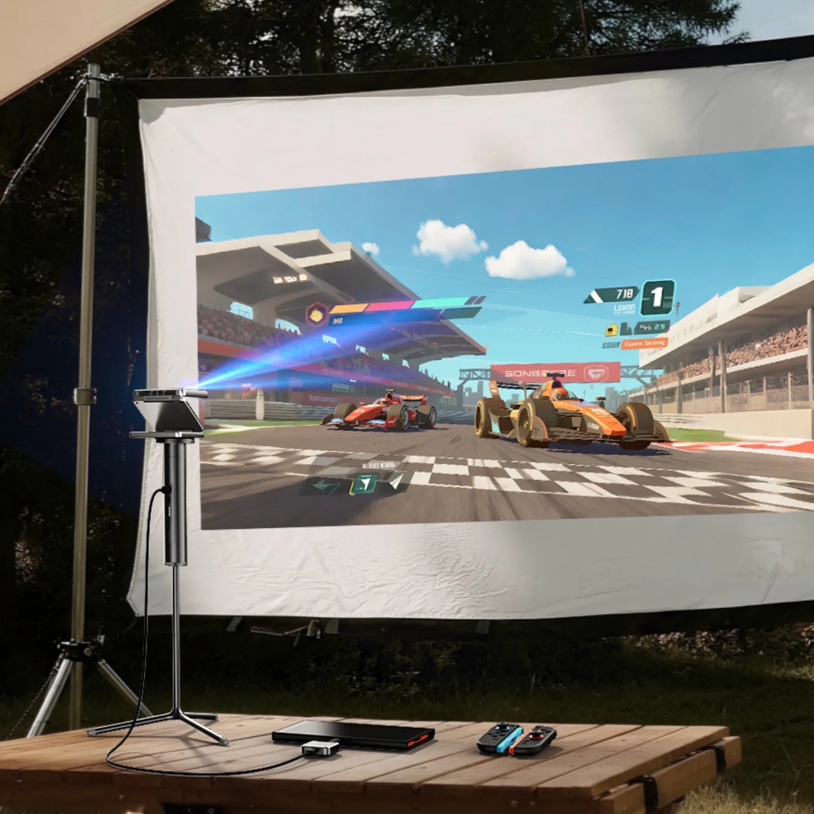 Aurzen CastPlay Pro USB-C wireless adapter used for outdoor projection and gaming experience