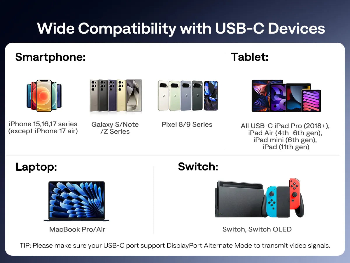 Wide USB-C compatibility—CastPlay Pro works with iPhone, Galaxy, Pixel, iPad, MacBook, and Switch (USB-C video output required)