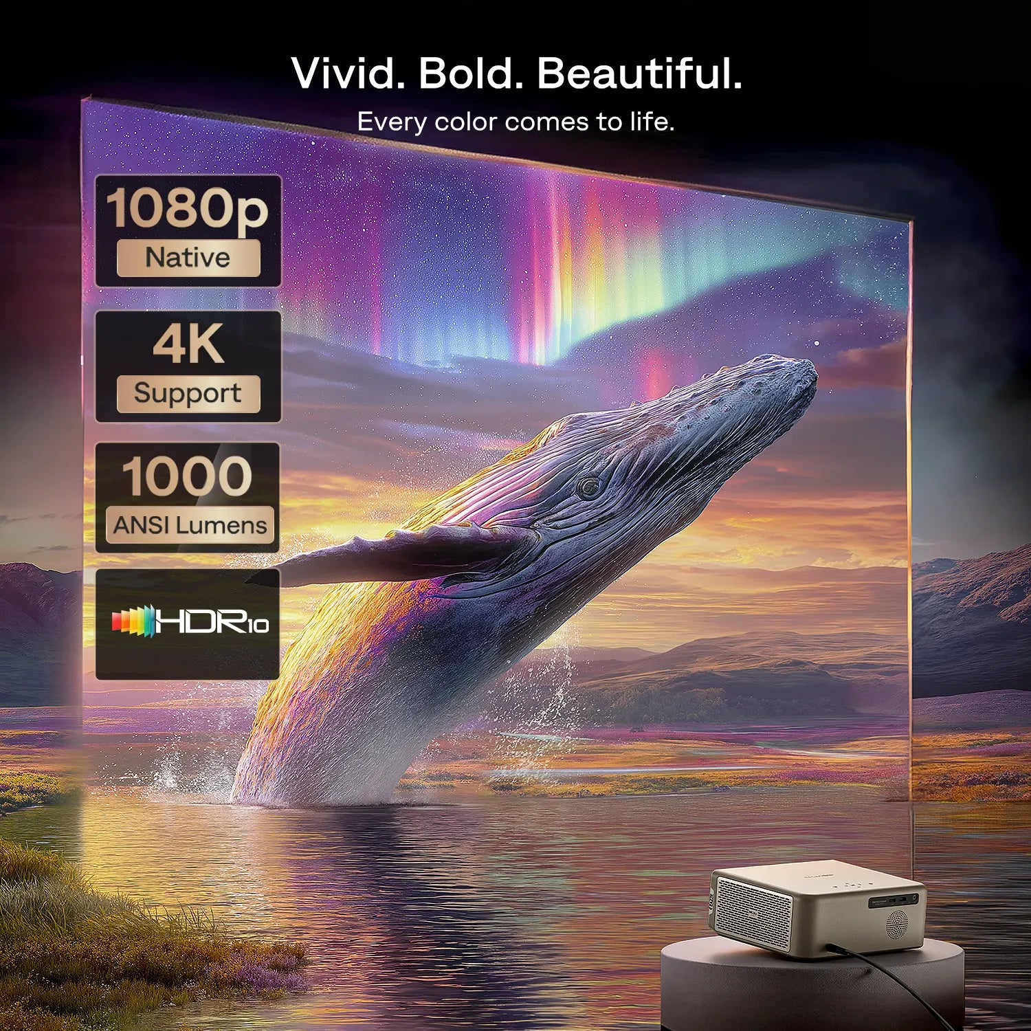Aurzen D1 MAX projector with HDR10, native 1080p, and 4K support for vivid colors