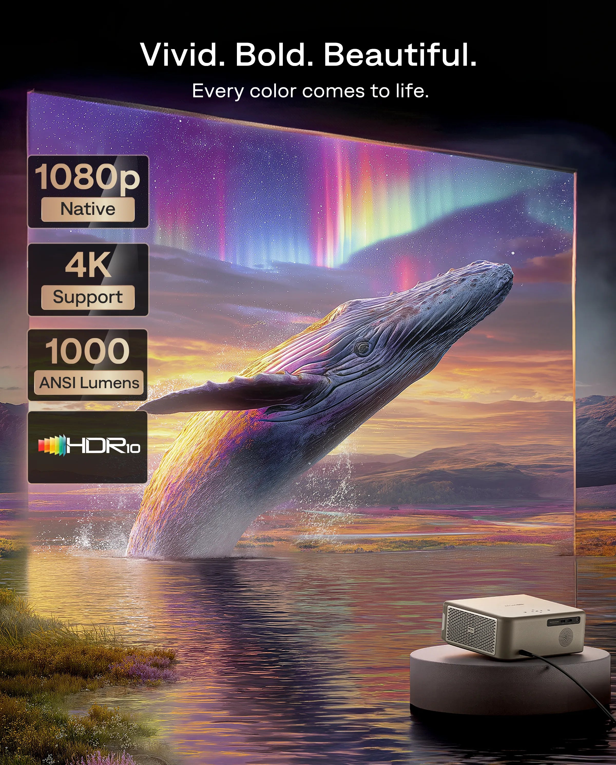 Aurzen D1 MAX projector with HDR10, native 1080p, and 4K support for vivid colors