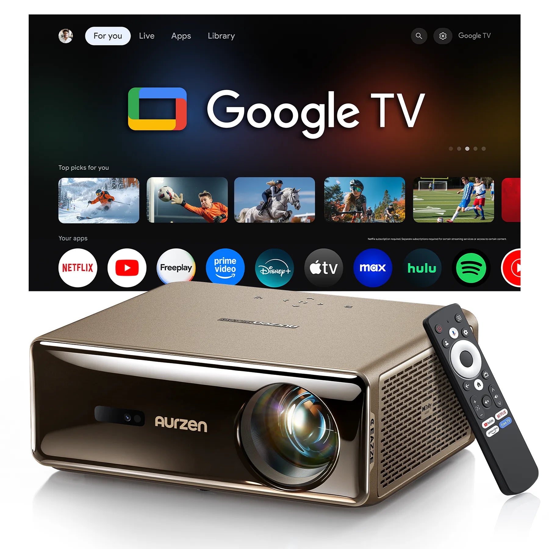 Aurzen EAZZE D1 MAX projector with Google TV and remote control for home entertainment