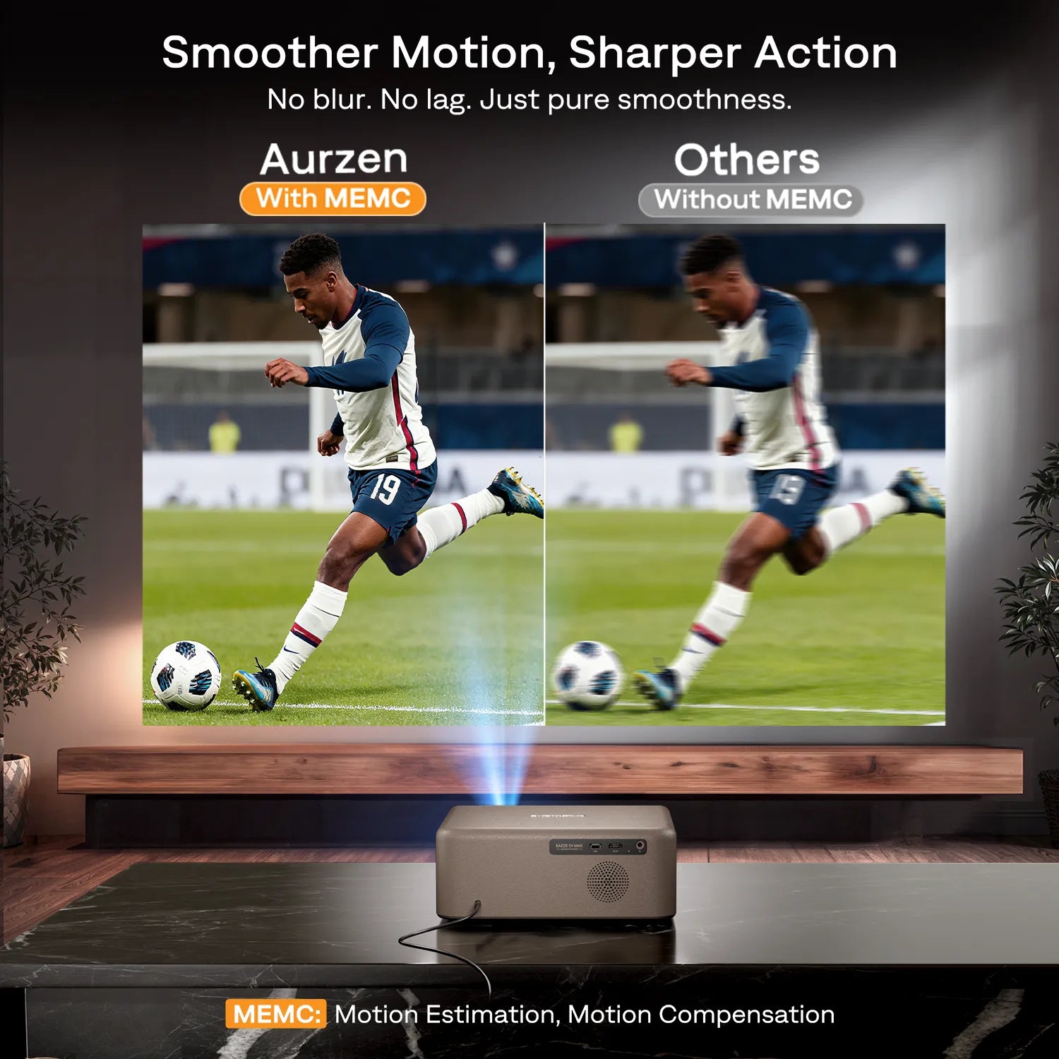 Aurzen D1 MAX projector with MEMC motion compensation for smoother sports and gaming