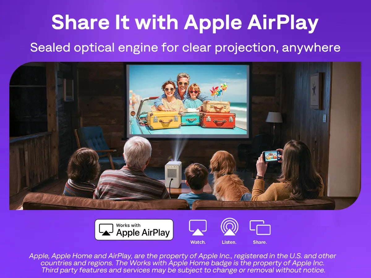 Family using Aurzen D1R Cube projector with Apple AirPlay to share photos and videos