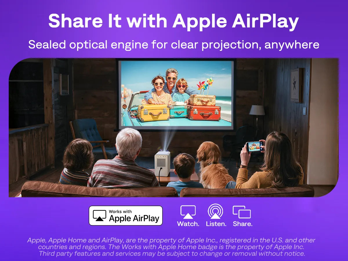 Family using Aurzen D1R Cube projector with Apple AirPlay to share photos and videos