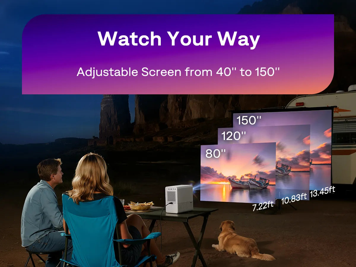 Aurzen D1R Cube projector adjustable screen size from 40 to 150 inches for flexible viewing