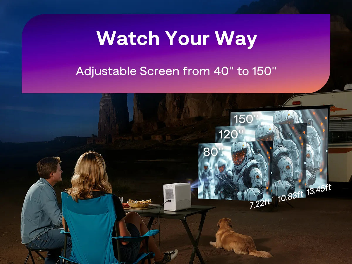 Aurzen D1R Cube projector adjustable screen size from 40 to 150 inches for flexible viewing