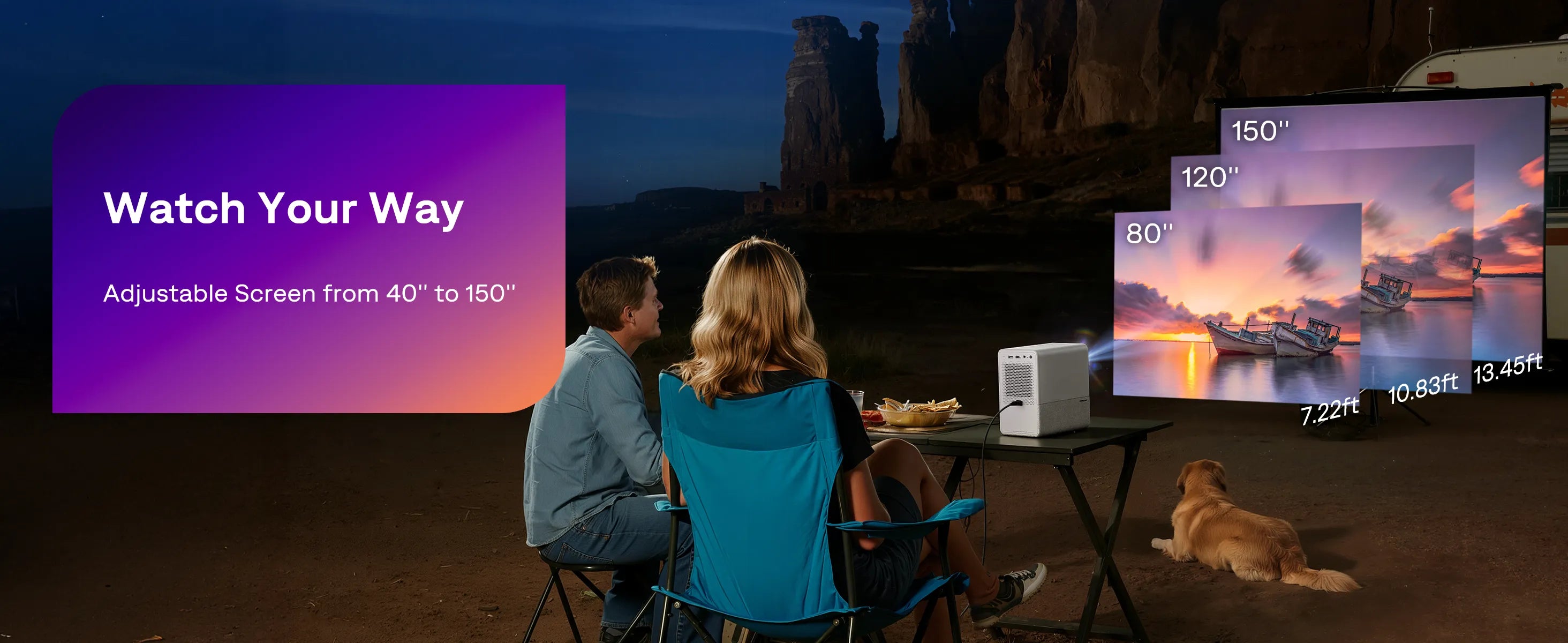 Aurzen D1R Cube projector adjustable screen size from 40 to 150 inches for flexible viewing