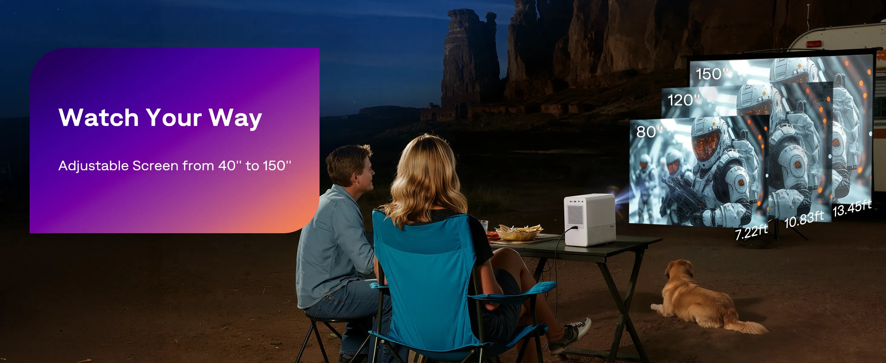 Aurzen D1R Cube projector adjustable screen size from 40 to 150 inches for flexible viewing