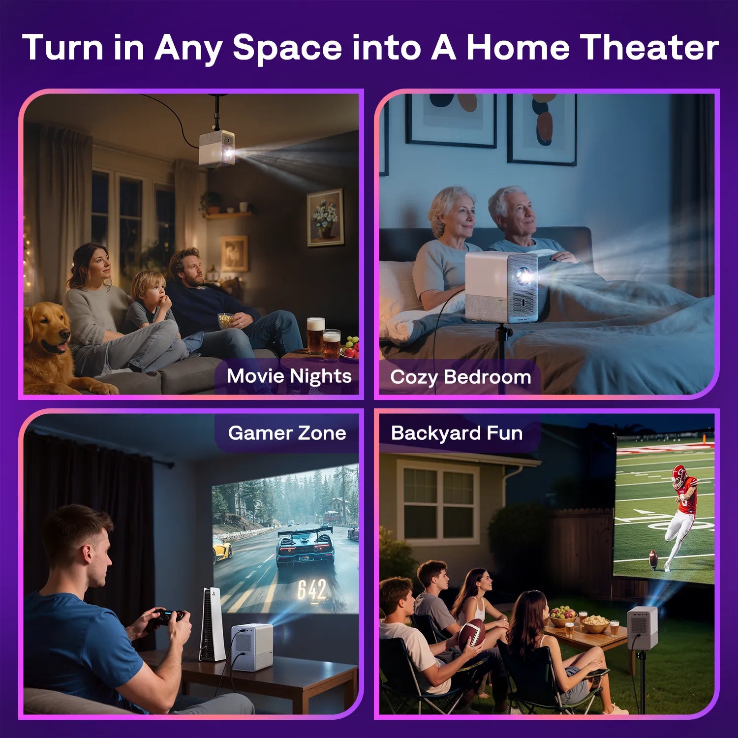 Aurzen EAZZE D1R Cube Roku TV Smart Projector used in multiple scenes – movie night, bedroom, gaming, backyard fun