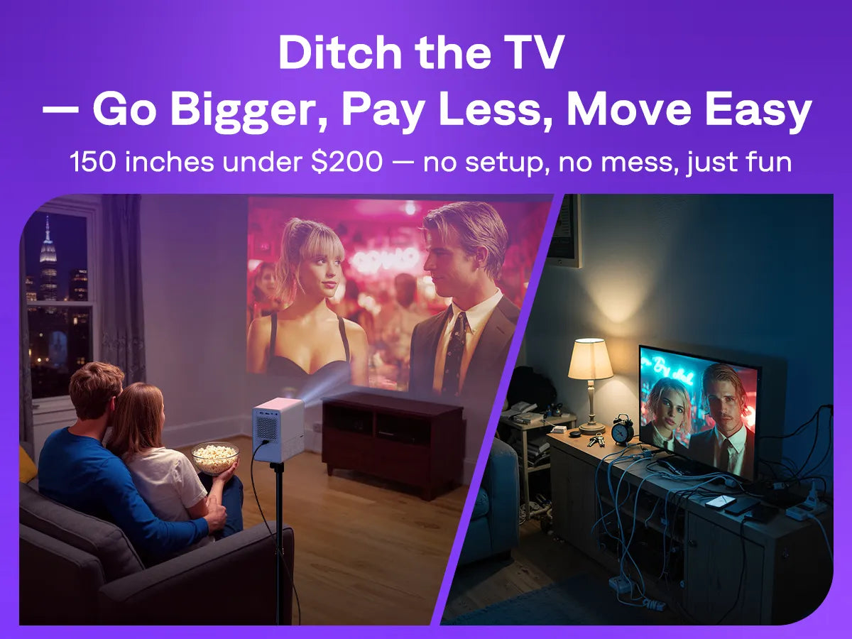 Aurzen EAZZE D1R Cube projector compared with traditional TV setup – big screen under $200