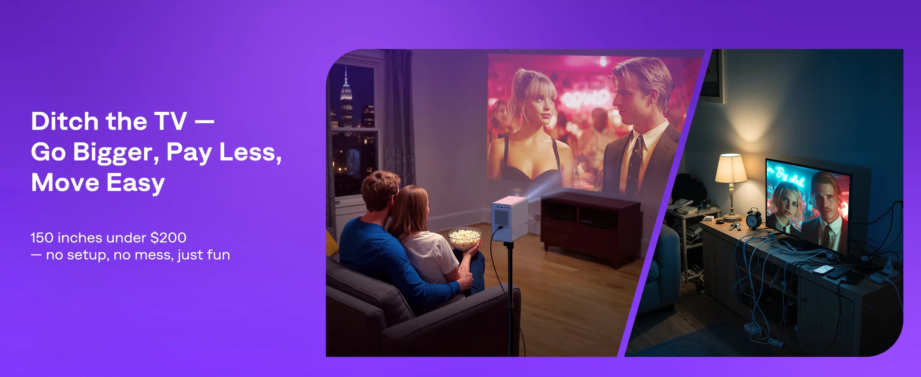 Aurzen EAZZE D1R Cube projector compared with traditional TV setup – big screen under $200