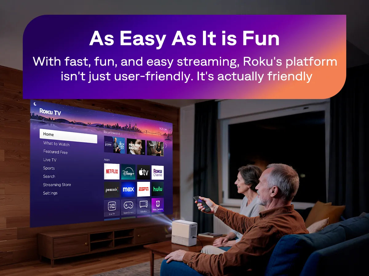 Aurzen EAZZE D1R Cube Roku TV Smart Projector streaming apps home screen with easy control