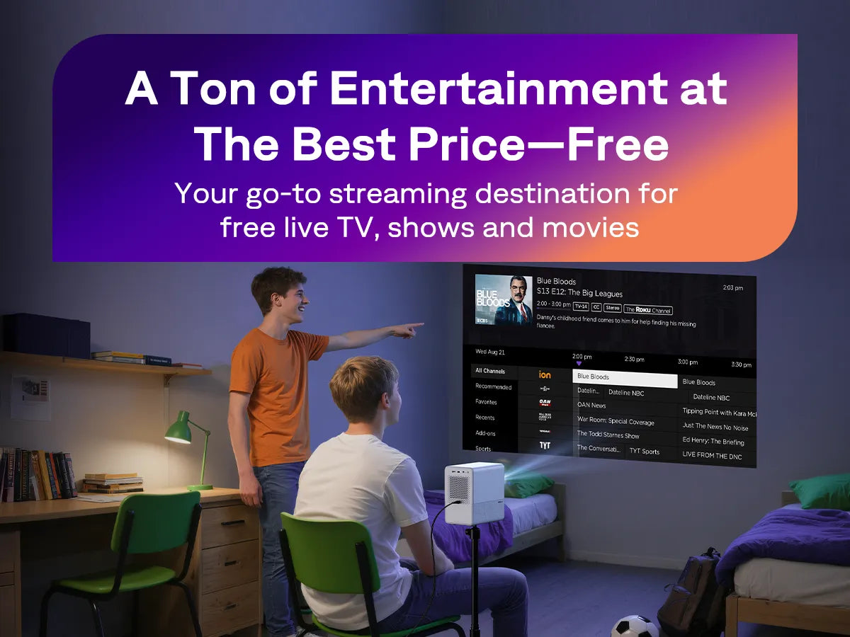 Aurzen EAZZE D1R Cube Roku TV Smart Projector showing free live TV streaming interface