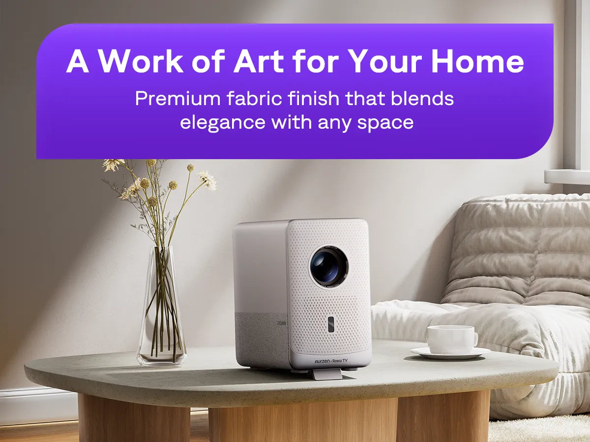 Aurzen D1R Cube projector with premium fabric finish blending into modern living room decor