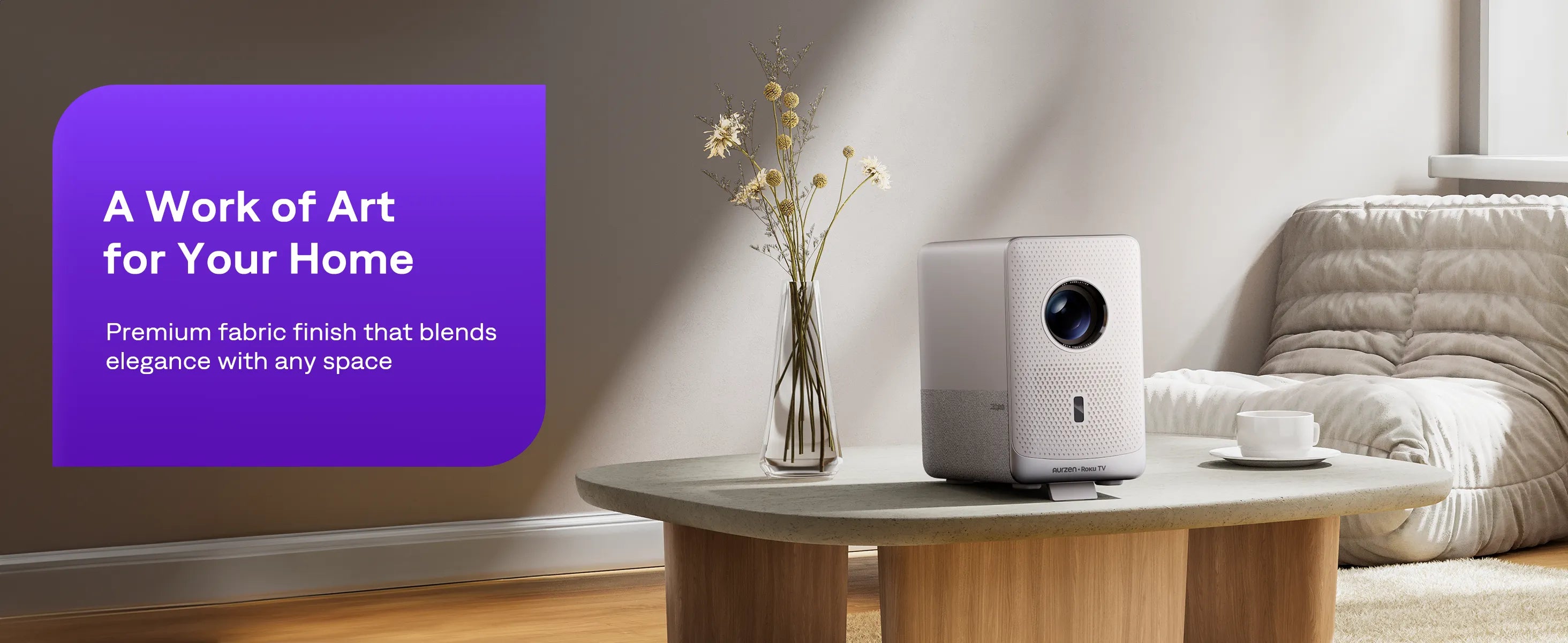 Aurzen D1R Cube projector with premium fabric finish blending into modern living room decor