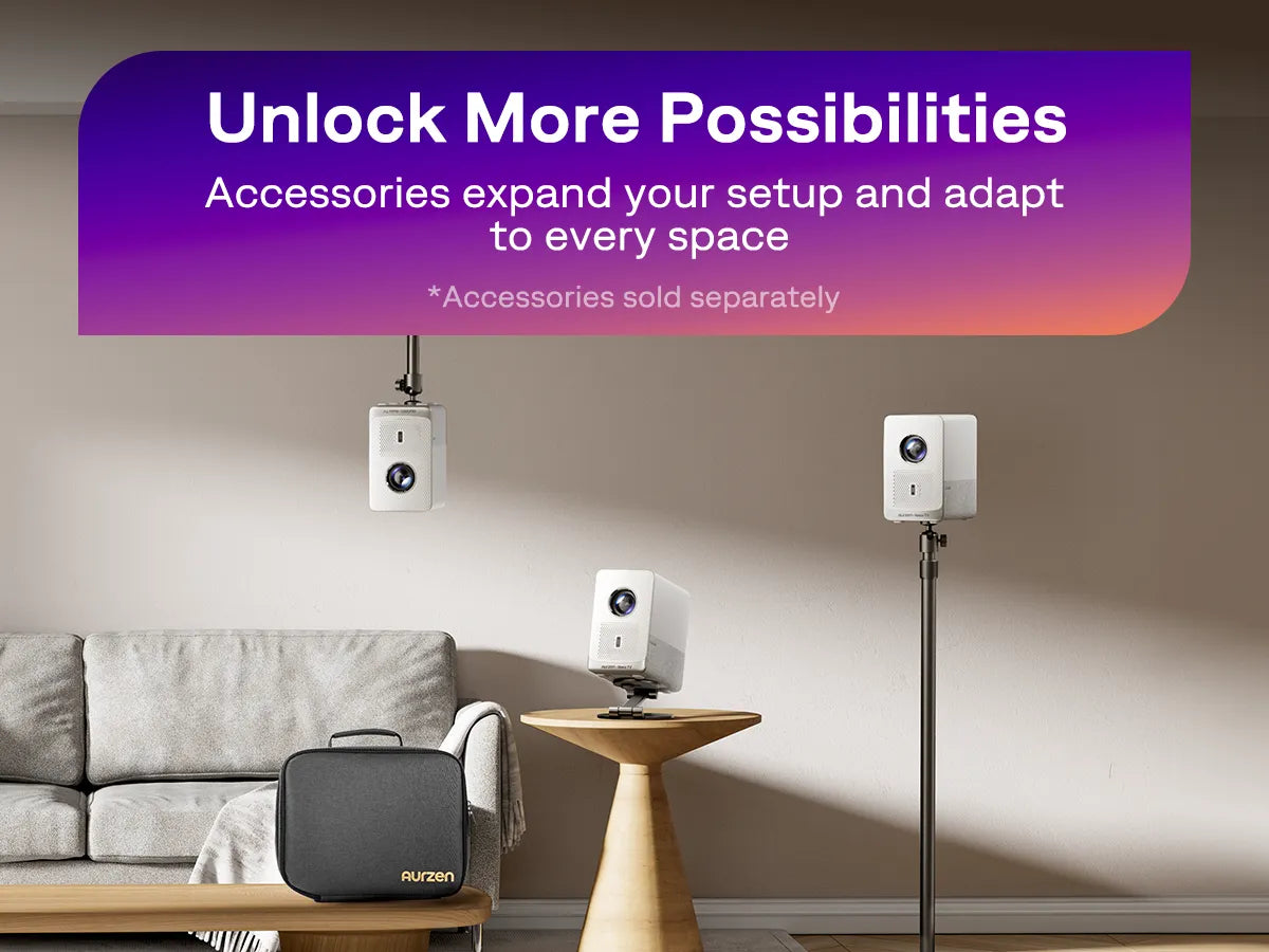 Aurzen D1R Cube projector shown with multiple mounting options: ceiling, tabletop, and stand
