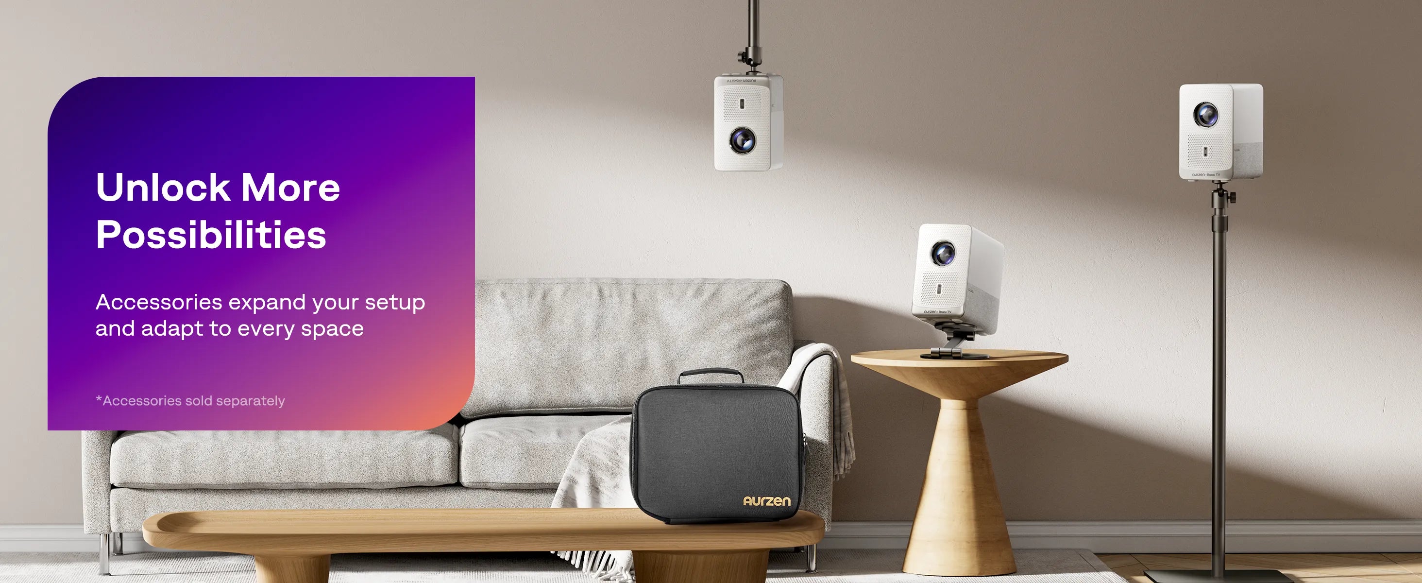 Aurzen D1R Cube projector shown with multiple mounting options: ceiling, tabletop, and stand