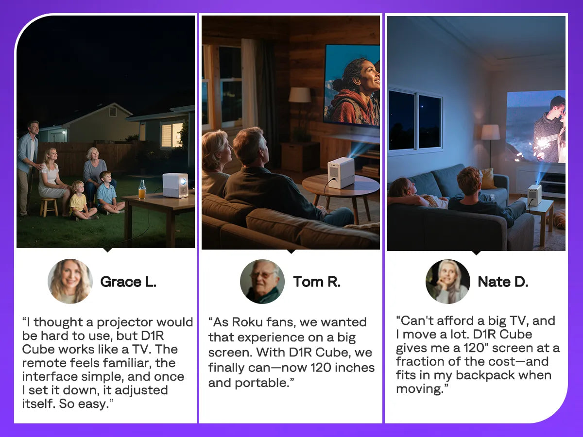 Customers enjoying Aurzen D1R Cube projector at home and outdoors, highlighting 120-inch screen