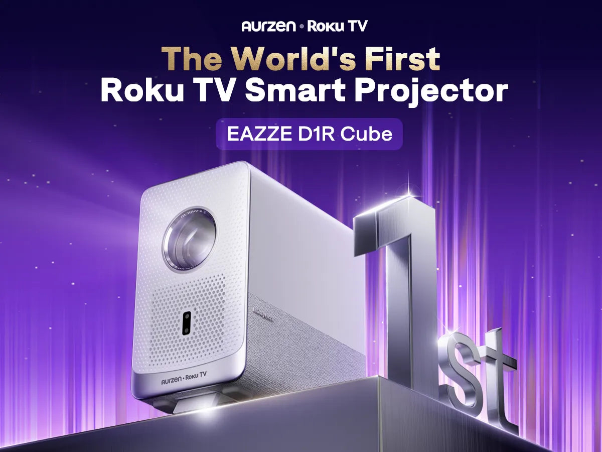 The world’s first Roku TV Smart Projector — Aurzen D1R Cube displayed on a podium