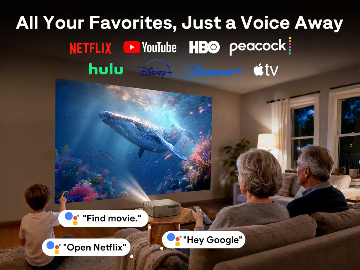 Aurzen EAZZE D1 MAX Google TV projector with voice control and built-in streaming apps like Netflix and YouTube