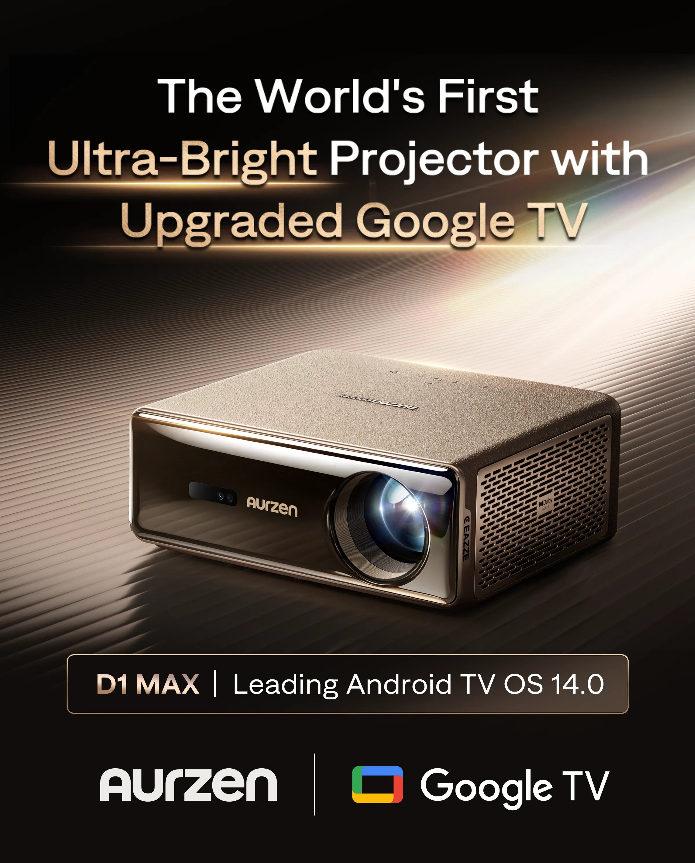 Aurzen EAZZE D1 MAX Google TV Smart Projector — Ultra Bright 1080p FHD Home Theater Projector with Android TV 14.0