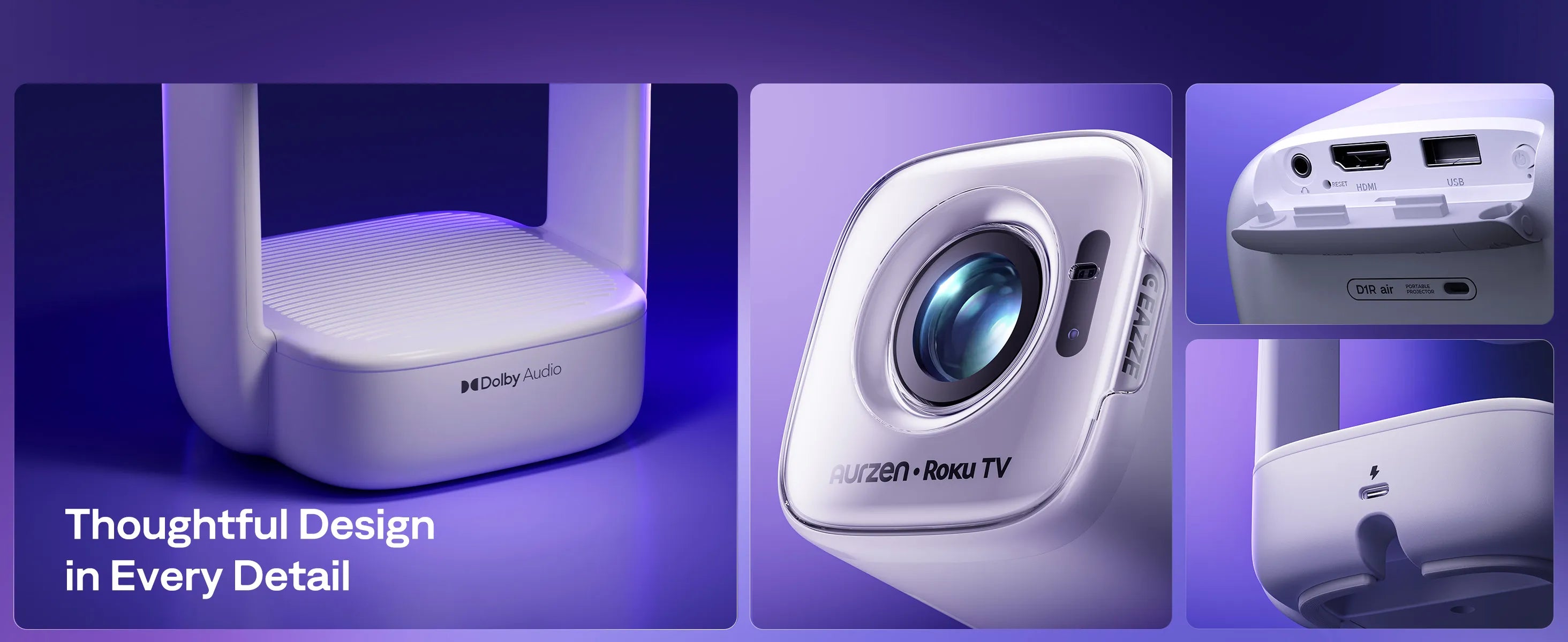 Aurzen EAZZE D1R air projector with thoughtful design, lens detail, HDMI, USB, audio, and USB-C ports