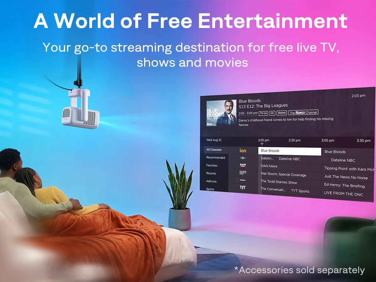 Aurzen EAZZE D1R air Roku TV projector with free live TV, shows, and movies for bedroom viewing