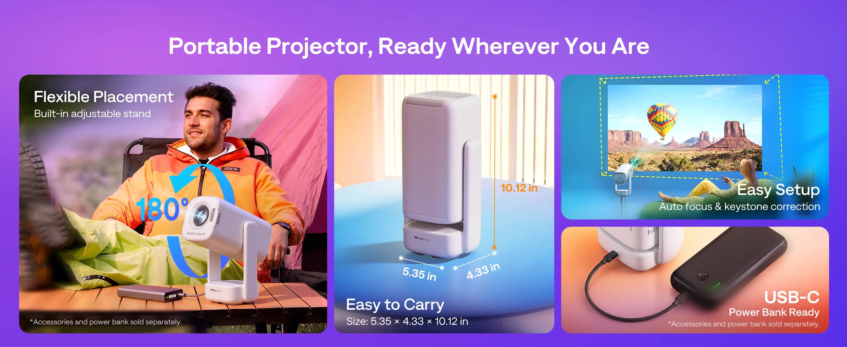 Aurzen EAZZE D1R air portable Roku TV projector with auto focus, Dolby Audio, USB-C power, and native 1080p display