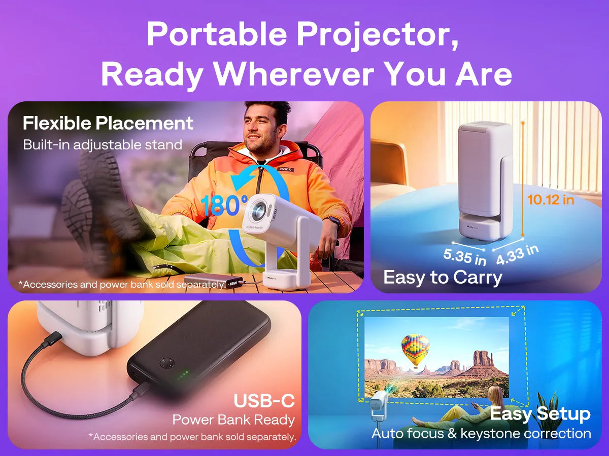 Aurzen EAZZE D1R air portable Roku TV projector with auto focus, Dolby Audio, USB-C power, and native 1080p display